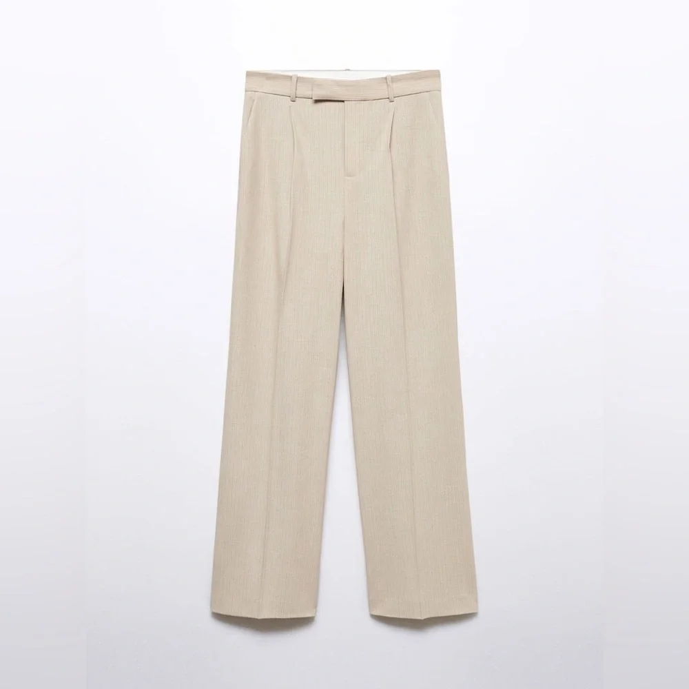 NEW Mango Striped Trousers-Size 12-Beige with Light Blue Stripe - Picture 1 of 15